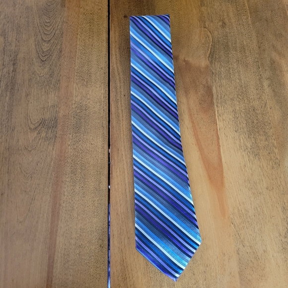 Michael Kors Men's Tie Blue Silver Black Purple Striped 100% Silk Necktie - Picture 1 of 5